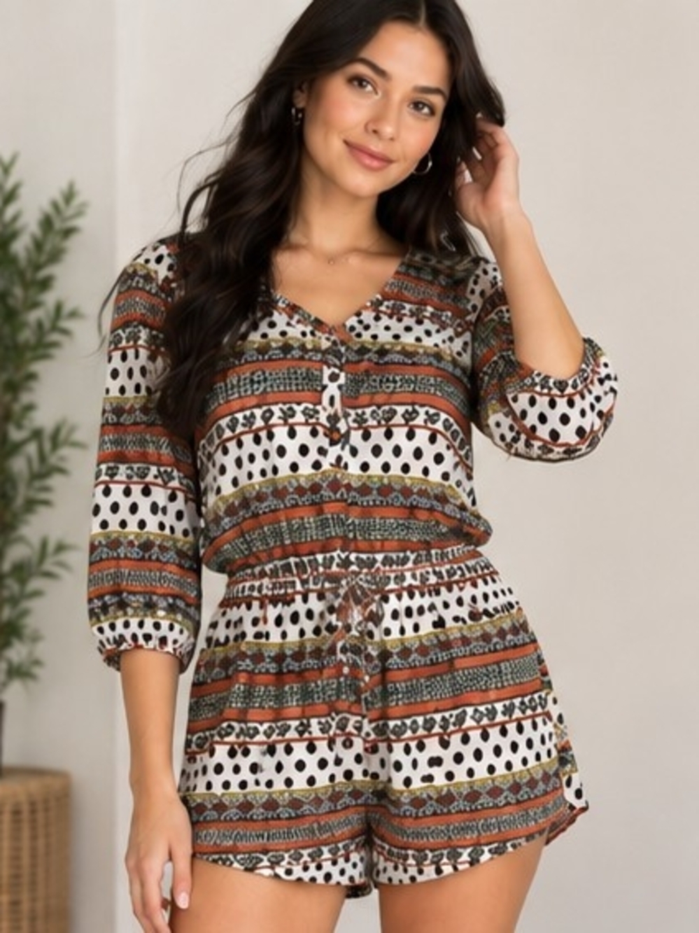 Women's Rust Multi-Print V-Neck Romper